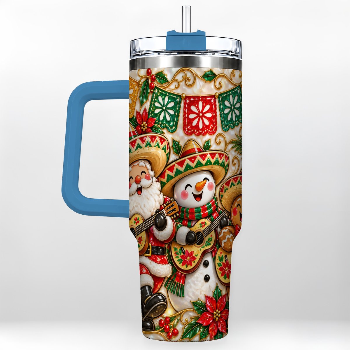 #pl[40oz|Blue] Mexican Christmas 40oz Tumbler with Handle, Festive Guitar Holiday Art