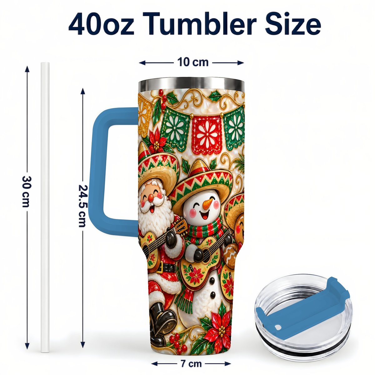 #pl[40oz|Blue] Mexican Christmas 40oz Tumbler with Handle, Festive Guitar Holiday Art