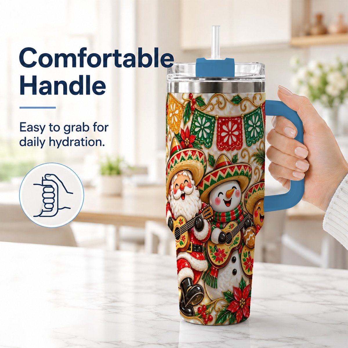 #pl[40oz|Blue] Mexican Christmas 40oz Tumbler with Handle, Festive Guitar Holiday Art