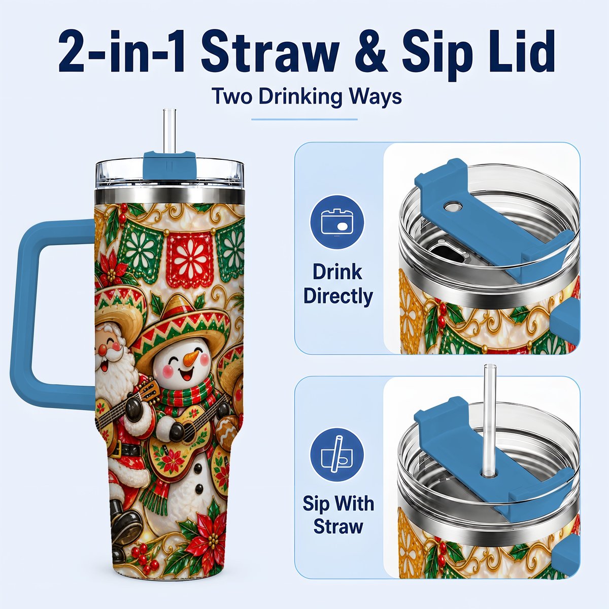 #pl[40oz|Blue] Mexican Christmas 40oz Tumbler with Handle, Festive Guitar Holiday Art