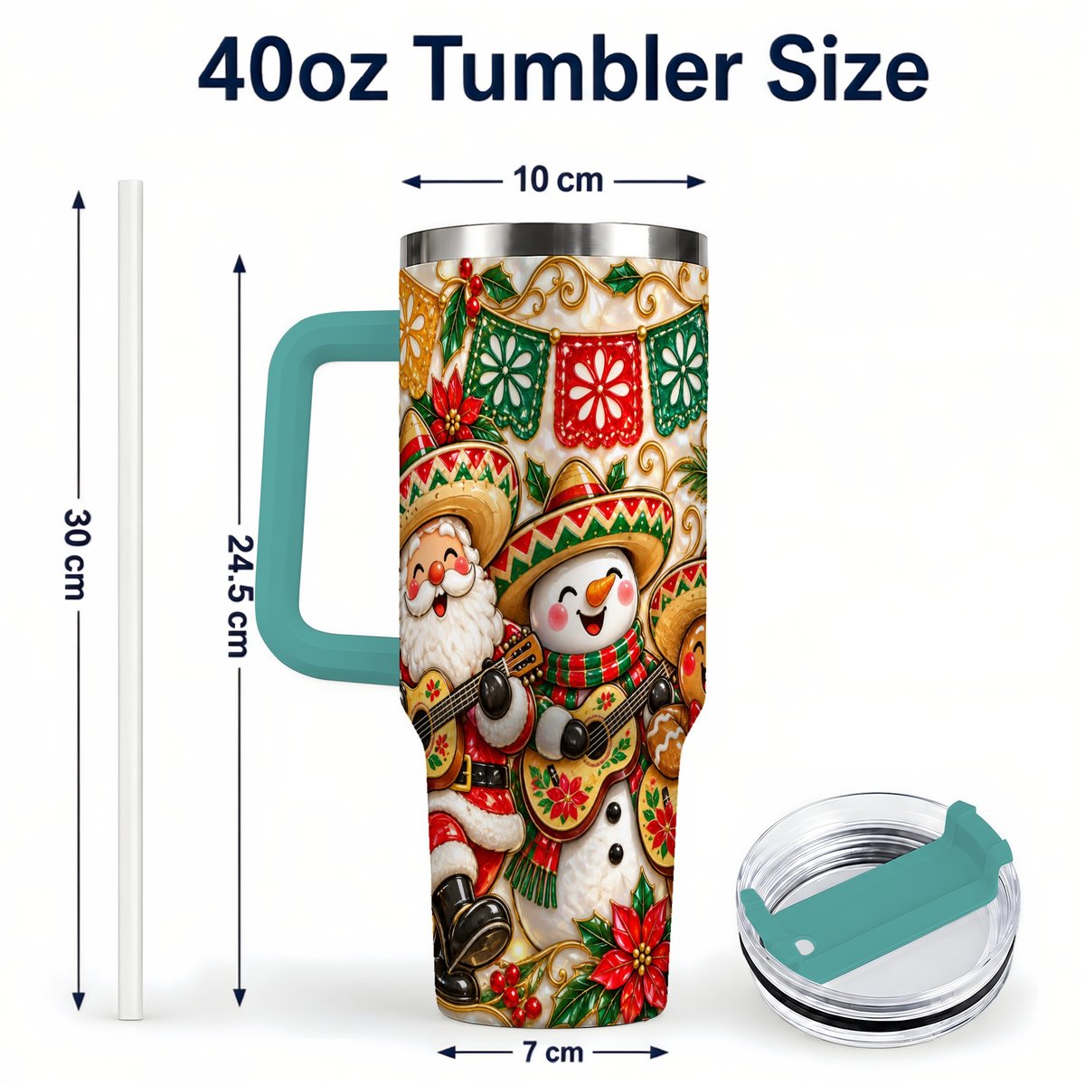 #pl[40oz|Green] Mexican Christmas 40oz Tumbler with Handle, Festive Guitar Holiday Art