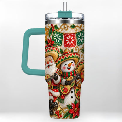 #pl[40oz|Green] Mexican Christmas 40oz Tumbler with Handle, Festive Guitar Holiday Art