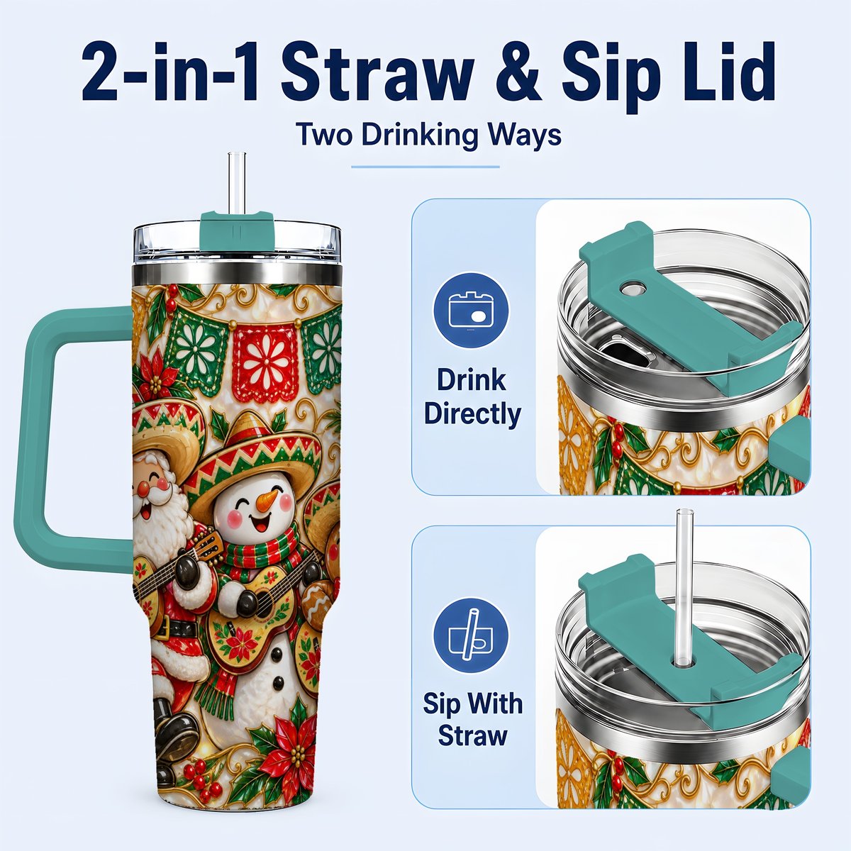 #pl[40oz|Green] Mexican Christmas 40oz Tumbler with Handle, Festive Guitar Holiday Art