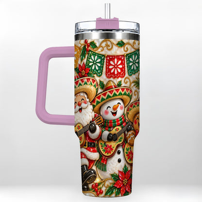 #pl[40oz|Pink] Mexican Christmas 40oz Tumbler with Handle, Festive Guitar Holiday Art