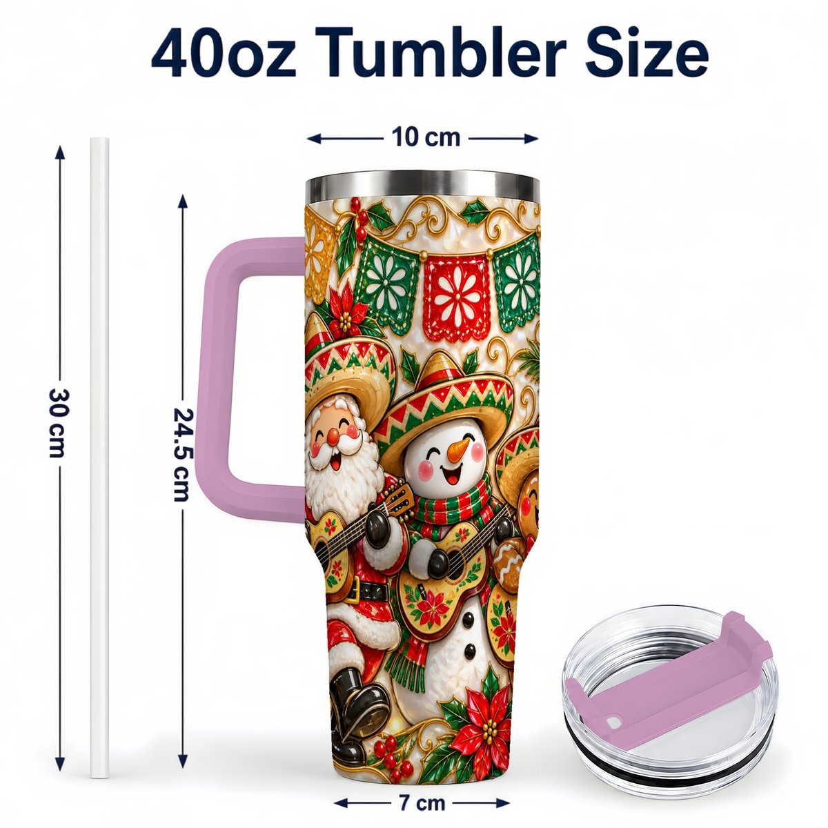 #pl[40oz|Pink] Mexican Christmas 40oz Tumbler with Handle, Festive Guitar Holiday Art