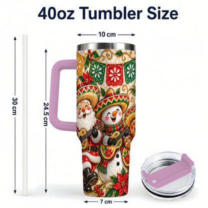 #pl[40oz|Pink] Mexican Christmas 40oz Tumbler with Handle, Festive Guitar Holiday Art