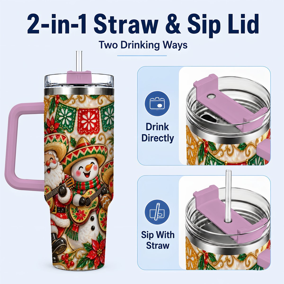 #pl[40oz|Pink] Mexican Christmas 40oz Tumbler with Handle, Festive Guitar Holiday Art