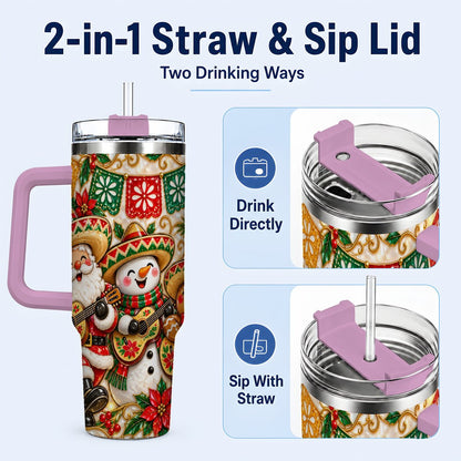 #pl[40oz|Pink] Mexican Christmas 40oz Tumbler with Handle, Festive Guitar Holiday Art