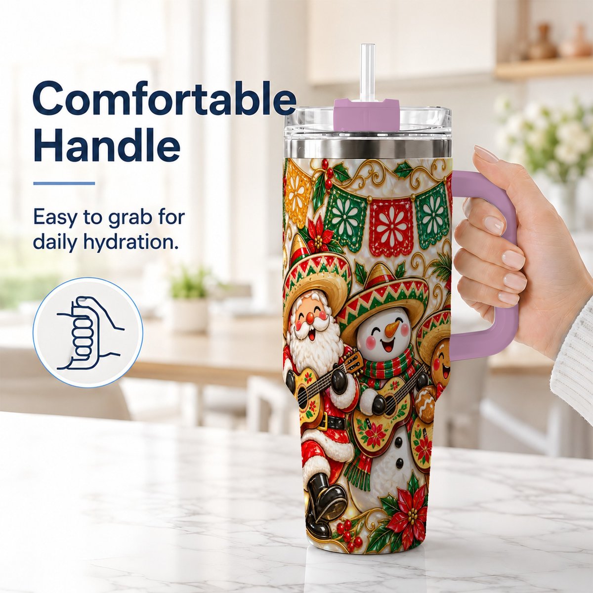 #pl[40oz|Pink] Mexican Christmas 40oz Tumbler with Handle, Festive Guitar Holiday Art