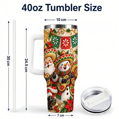 #pl[40oz|White] Mexican Christmas 40oz Tumbler with Handle, Festive Guitar Holiday Art