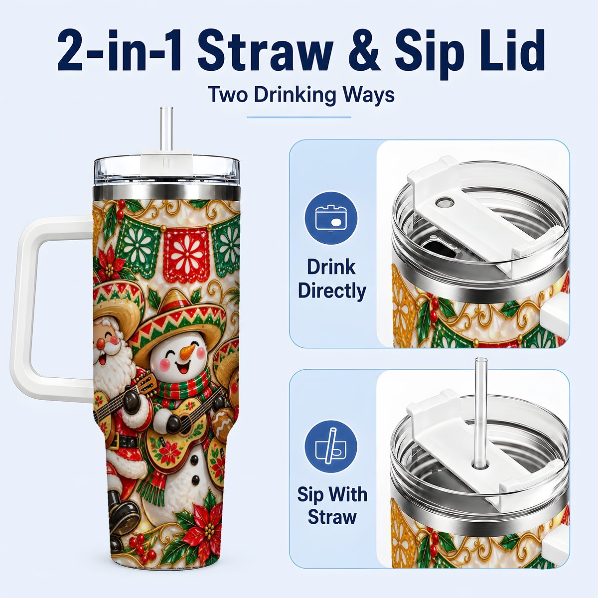#pl[40oz|White] Mexican Christmas 40oz Tumbler with Handle, Festive Guitar Holiday Art