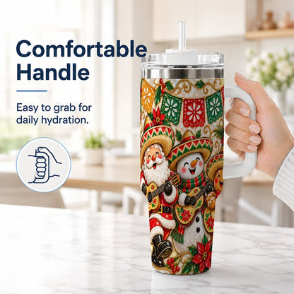#pl[40oz|White] Mexican Christmas 40oz Tumbler with Handle, Festive Guitar Holiday Art