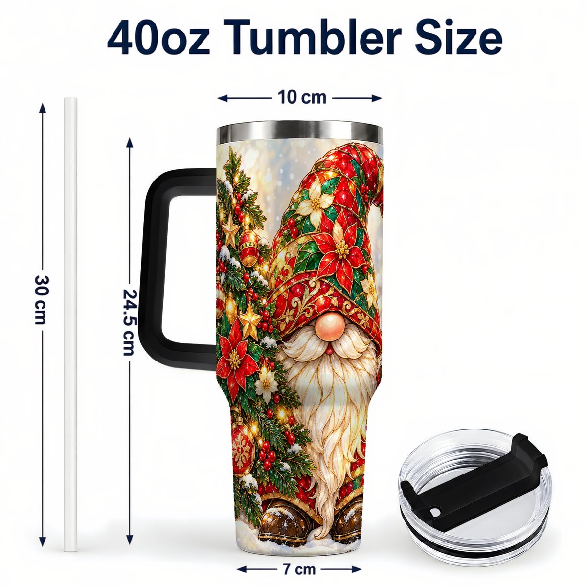 #pl[40oz|Black] Christmas Gnome 40oz Tumbler with Handle, Festive Tree Lantern Artwork