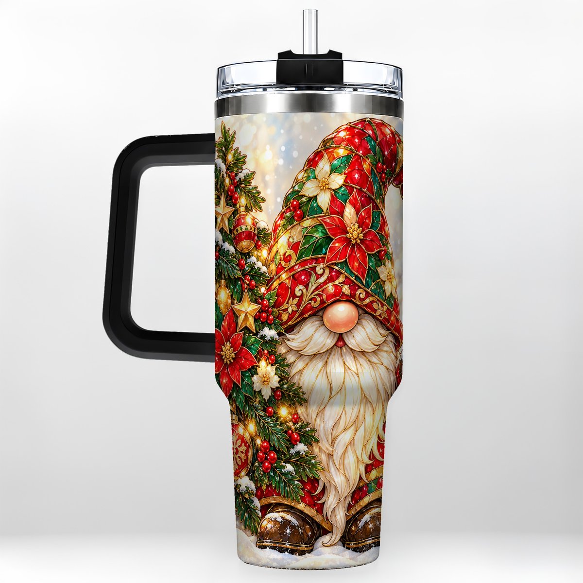#pl[40oz|Black] Christmas Gnome 40oz Tumbler with Handle, Festive Tree Lantern Artwork