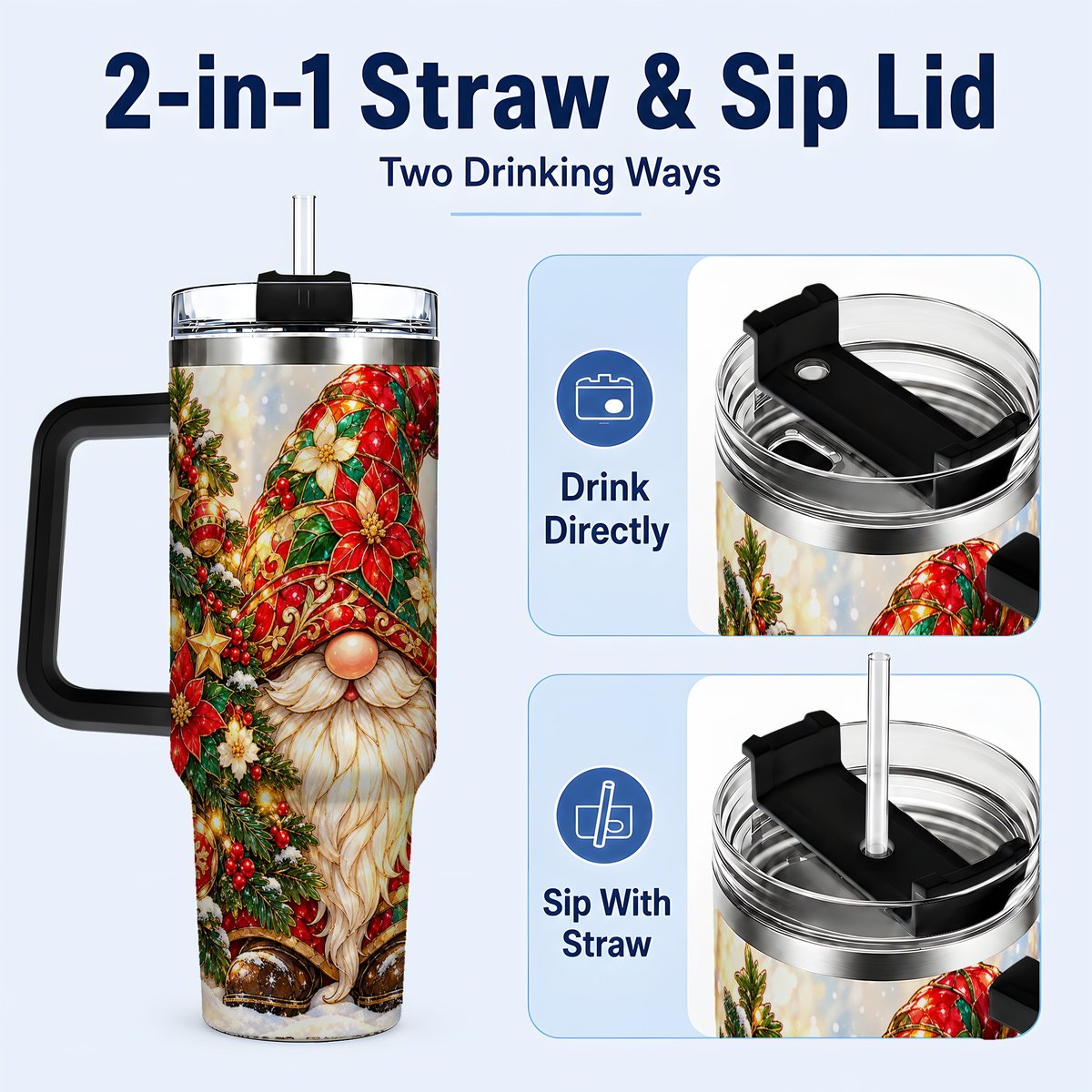 #pl[40oz|Black] Christmas Gnome 40oz Tumbler with Handle, Festive Tree Lantern Artwork