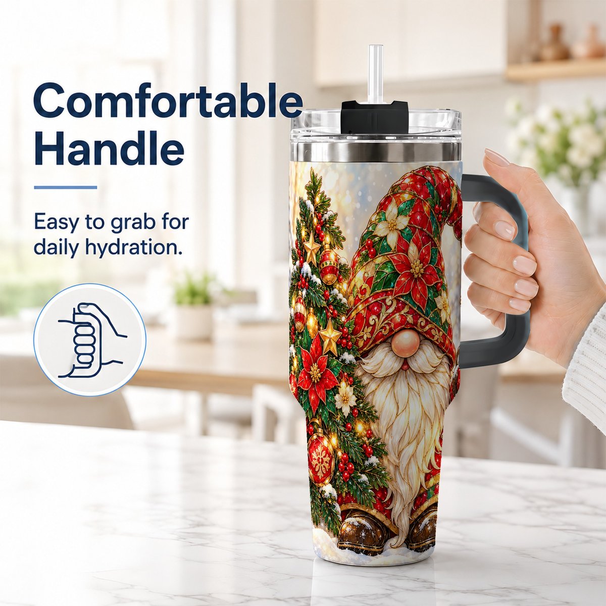 #pl[40oz|Black] Christmas Gnome 40oz Tumbler with Handle, Festive Tree Lantern Artwork