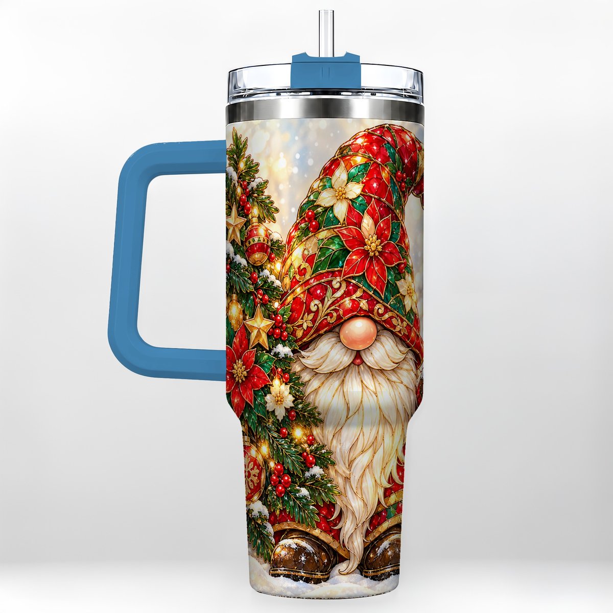 #pl[40oz|Blue] Christmas Gnome 40oz Tumbler with Handle, Festive Tree Lantern Artwork