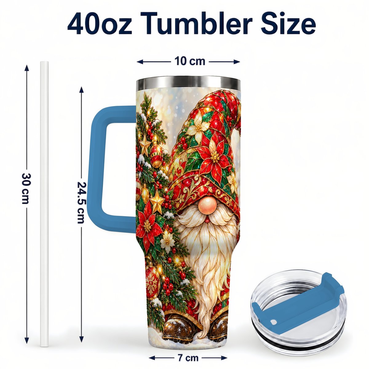 #pl[40oz|Blue] Christmas Gnome 40oz Tumbler with Handle, Festive Tree Lantern Artwork