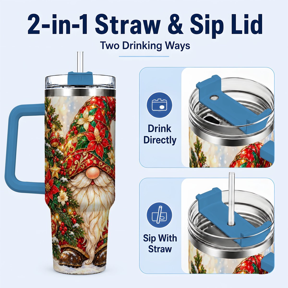 #pl[40oz|Blue] Christmas Gnome 40oz Tumbler with Handle, Festive Tree Lantern Artwork