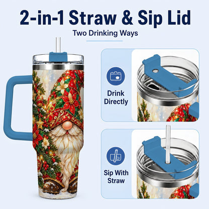 #pl[40oz|Blue] Christmas Gnome 40oz Tumbler with Handle, Festive Tree Lantern Artwork