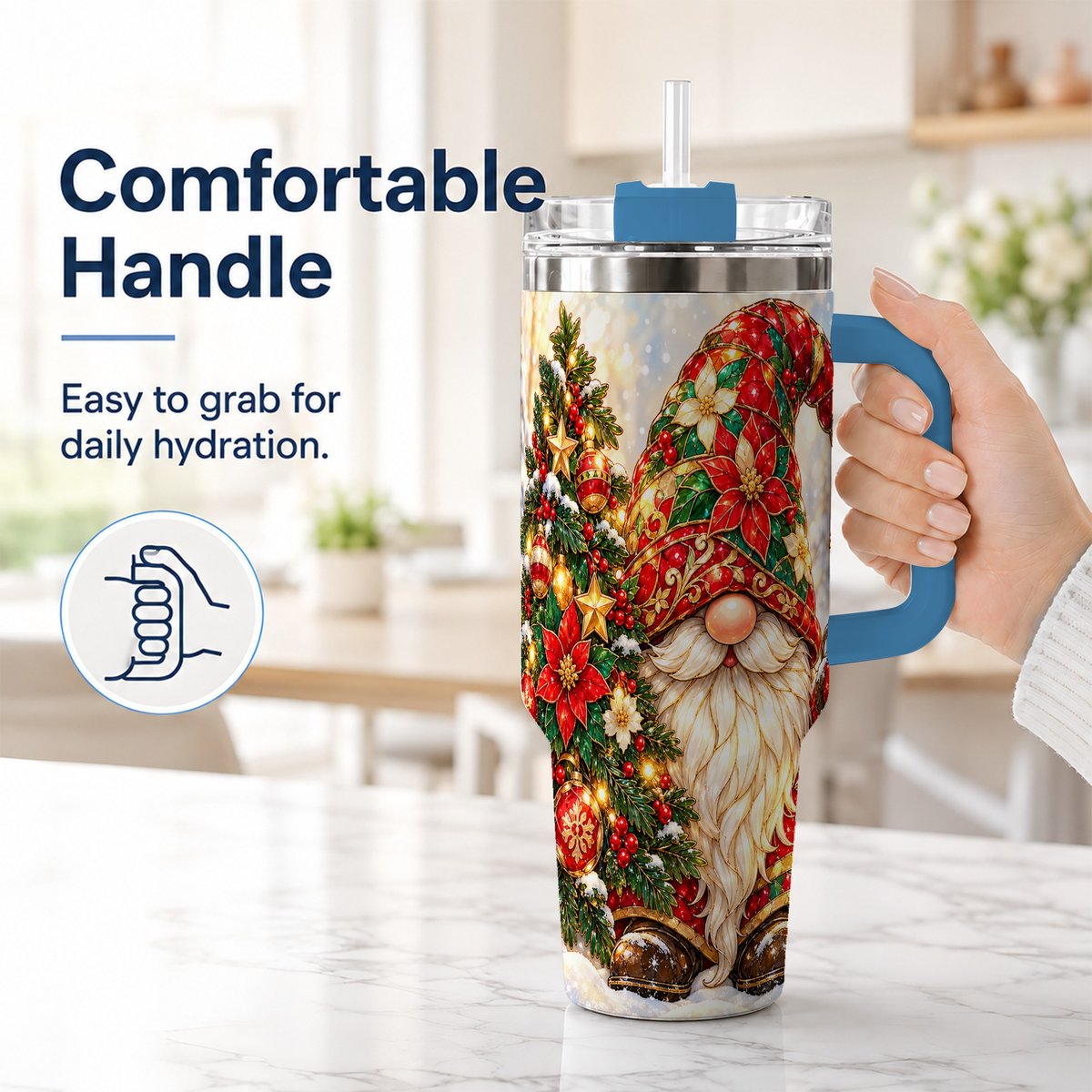#pl[40oz|Blue] Christmas Gnome 40oz Tumbler with Handle, Festive Tree Lantern Artwork