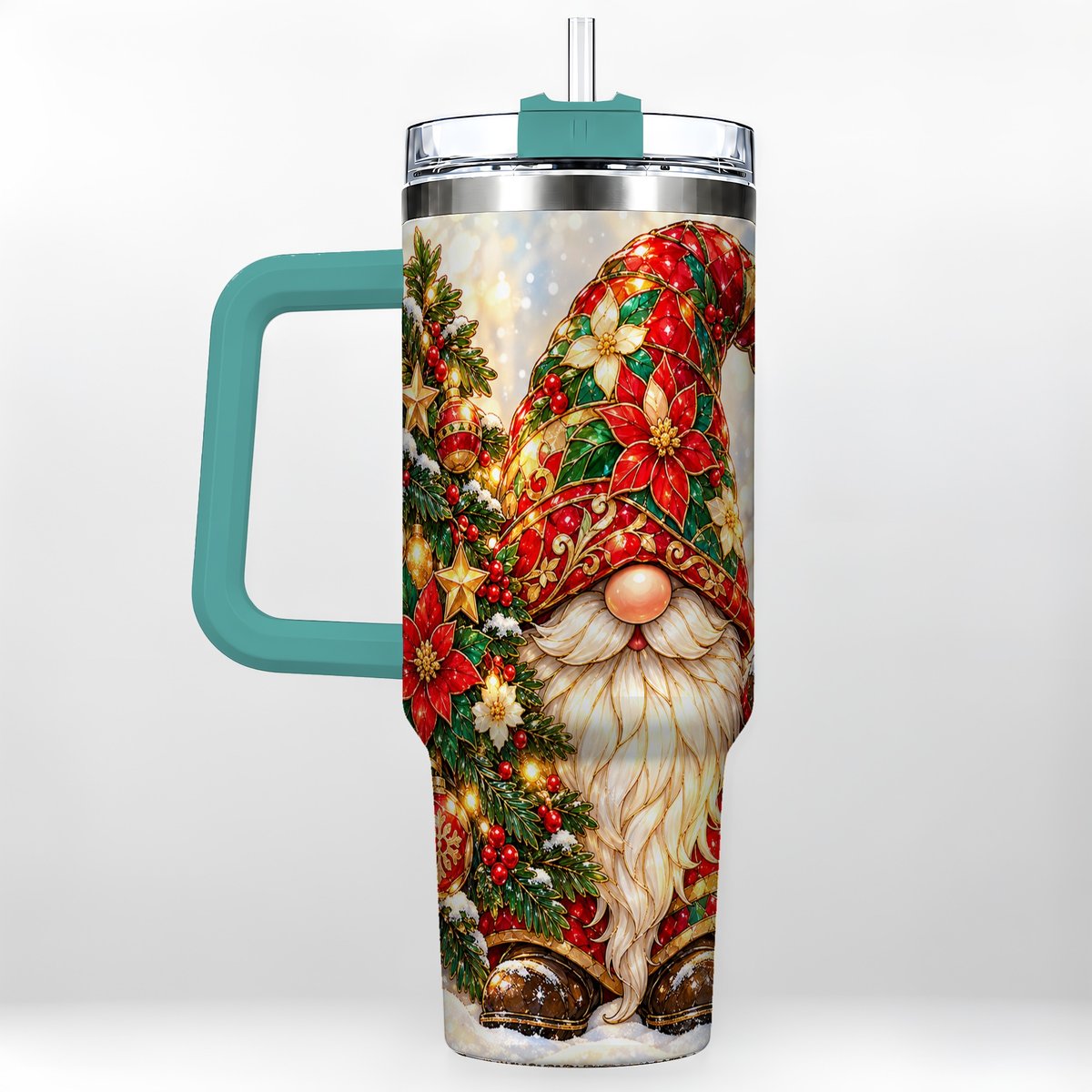 #pl[40oz|Green] Christmas Gnome 40oz Tumbler with Handle, Festive Tree Lantern Artwork