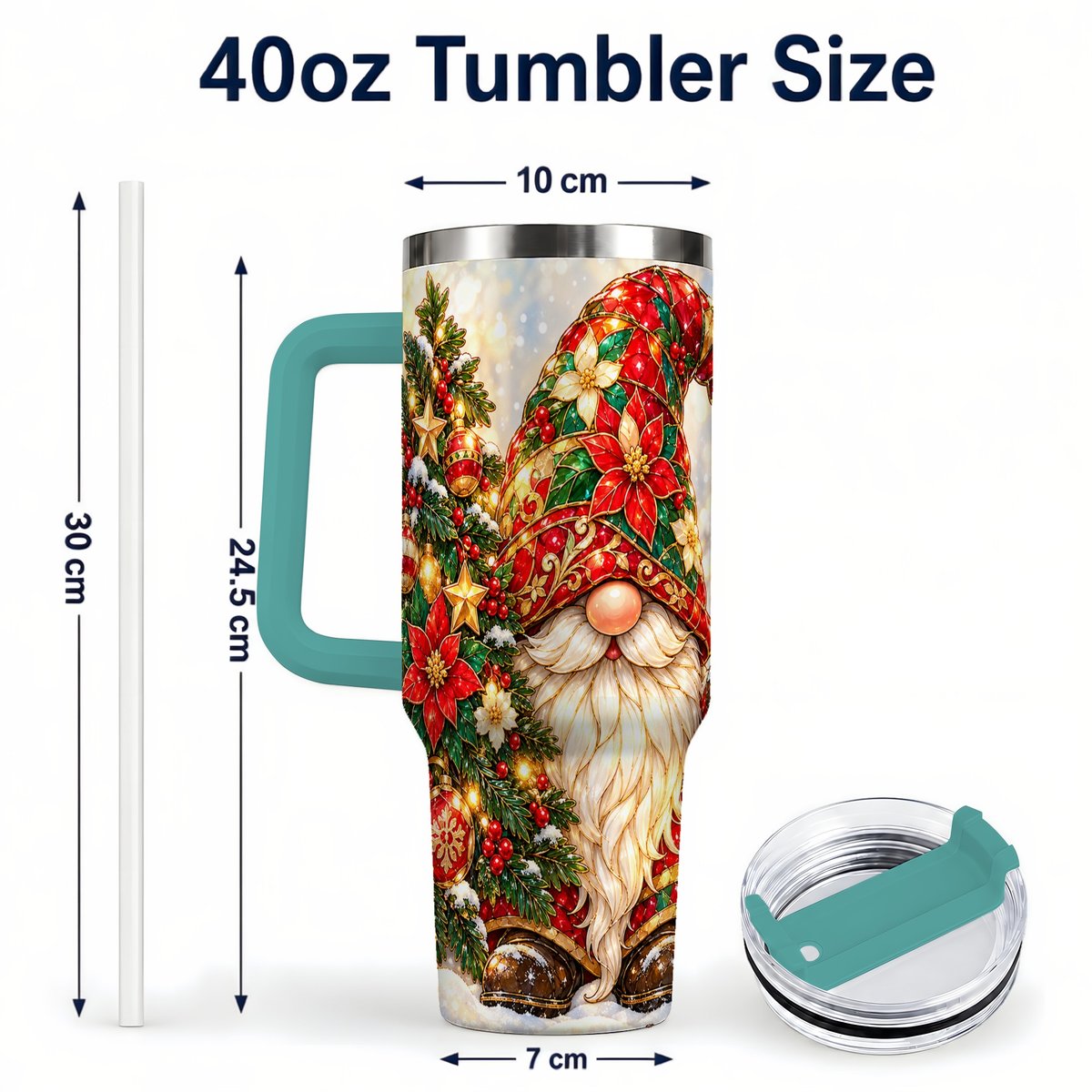 #pl[40oz|Green] Christmas Gnome 40oz Tumbler with Handle, Festive Tree Lantern Artwork