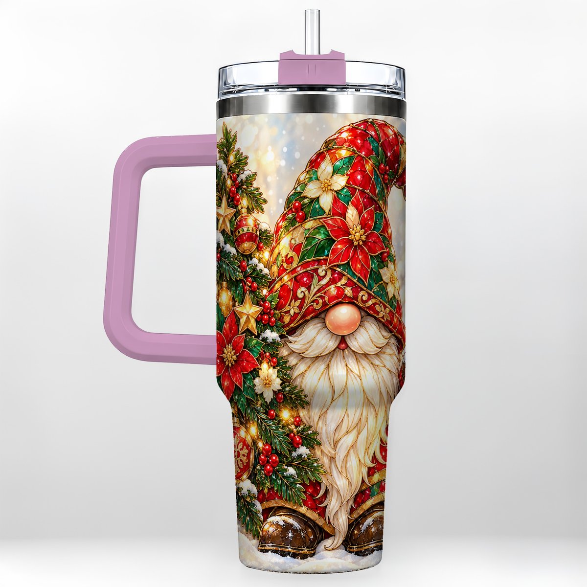 #pl[40oz|Pink] Christmas Gnome 40oz Tumbler with Handle, Festive Tree Lantern Artwork
