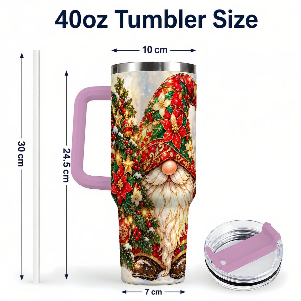 #pl[40oz|Pink] Christmas Gnome 40oz Tumbler with Handle, Festive Tree Lantern Artwork
