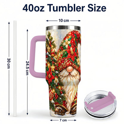 #pl[40oz|Pink] Christmas Gnome 40oz Tumbler with Handle, Festive Tree Lantern Artwork