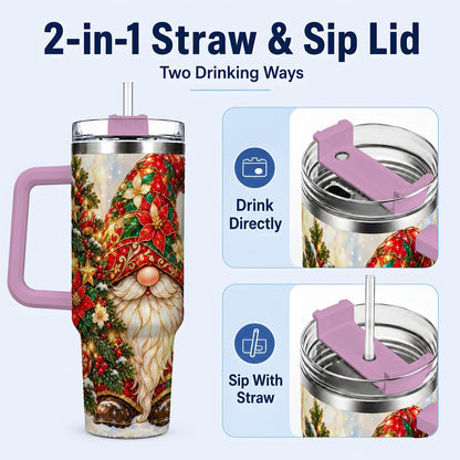 #pl[40oz|Pink] Christmas Gnome 40oz Tumbler with Handle, Festive Tree Lantern Artwork