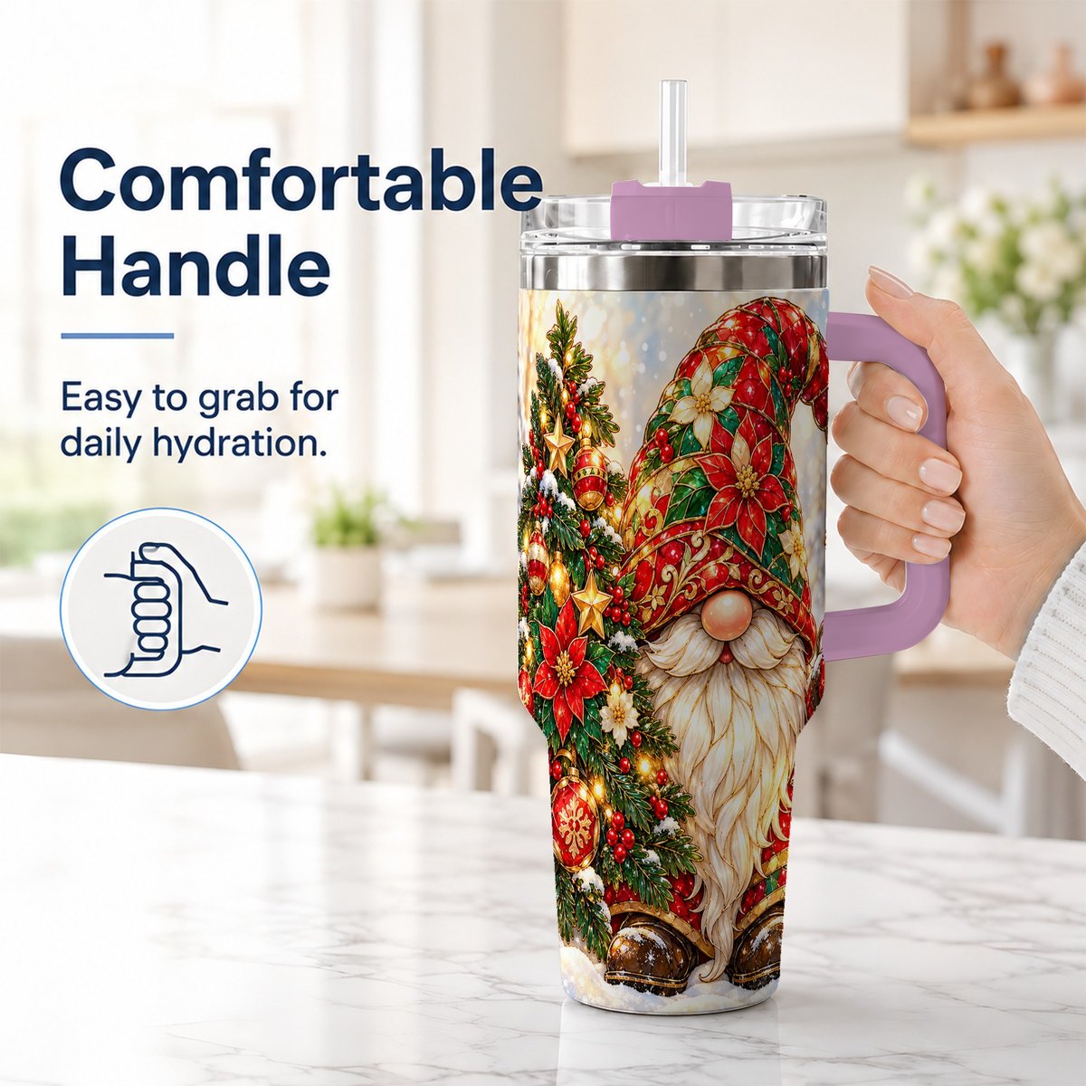 #pl[40oz|Pink] Christmas Gnome 40oz Tumbler with Handle, Festive Tree Lantern Artwork