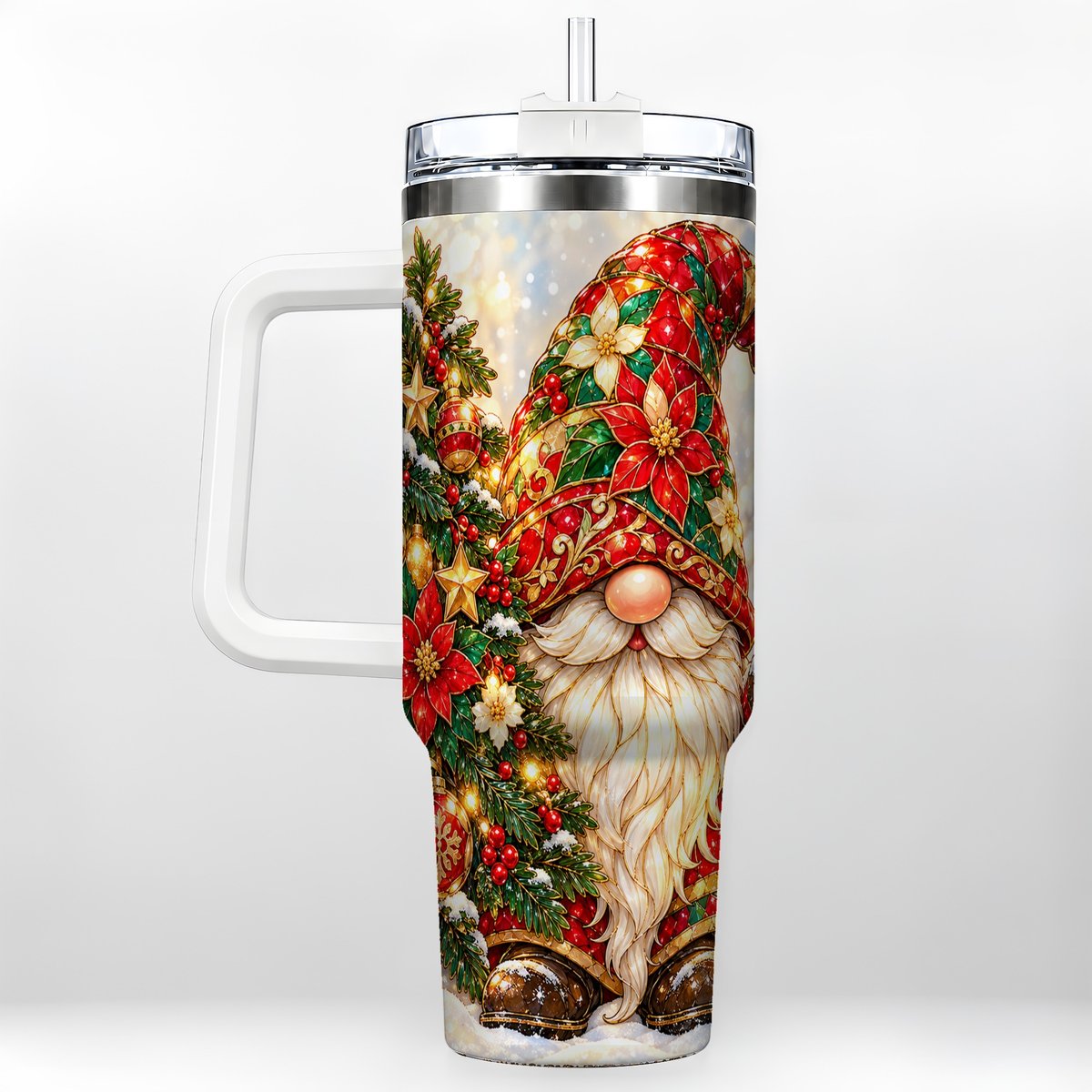 Christmas Gnome 40oz Tumbler with Handle, Festive Tree Lantern Artwork