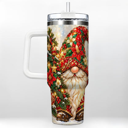 Christmas Gnome 40oz Tumbler with Handle, Festive Tree Lantern Artwork