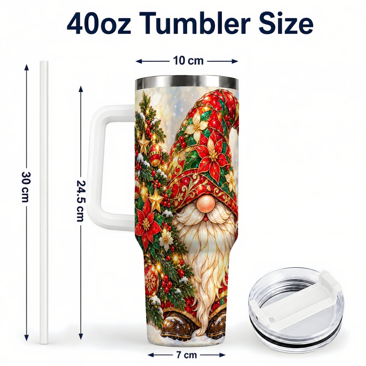 #pl[40oz|White] Christmas Gnome 40oz Tumbler with Handle, Festive Tree Lantern Artwork