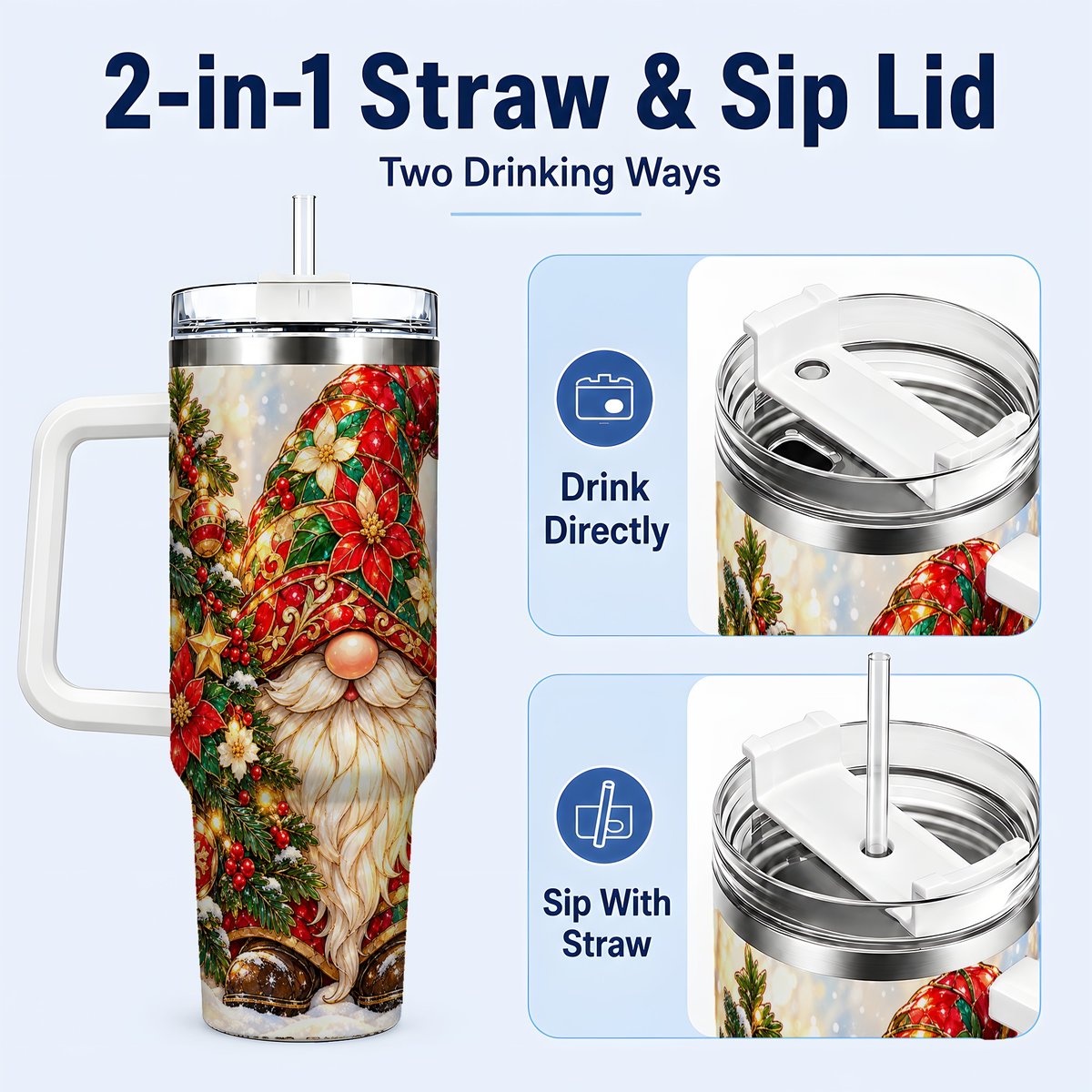 #pl[40oz|White] Christmas Gnome 40oz Tumbler with Handle, Festive Tree Lantern Artwork