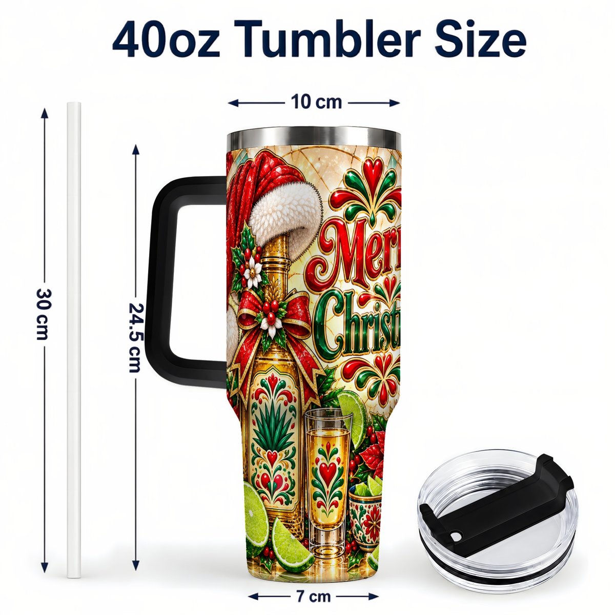 #pl[40oz|Black] Christmas Fiesta 40oz Tumbler with Handle, Festive Agave Holiday Art
