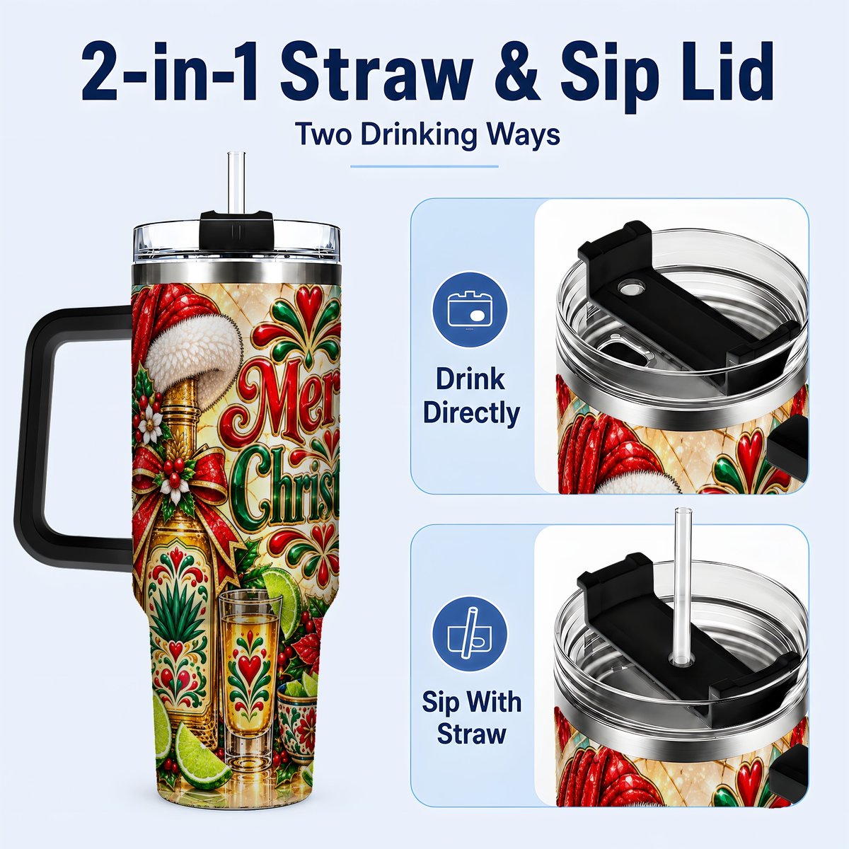 #pl[40oz|Black] Christmas Fiesta 40oz Tumbler with Handle, Festive Agave Holiday Art