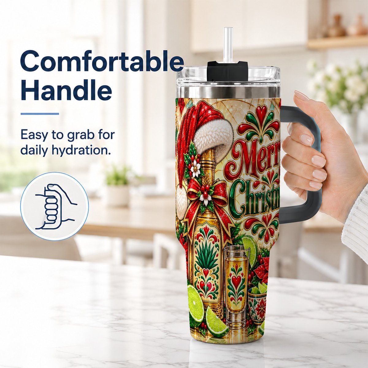 #pl[40oz|Black] Christmas Fiesta 40oz Tumbler with Handle, Festive Agave Holiday Art