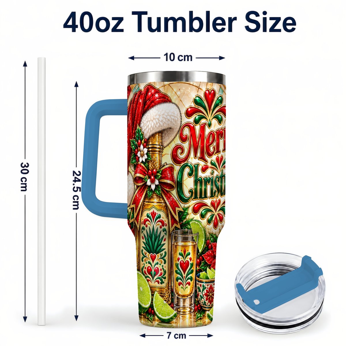 #pl[40oz|Blue] Christmas Fiesta 40oz Tumbler with Handle, Festive Agave Holiday Art