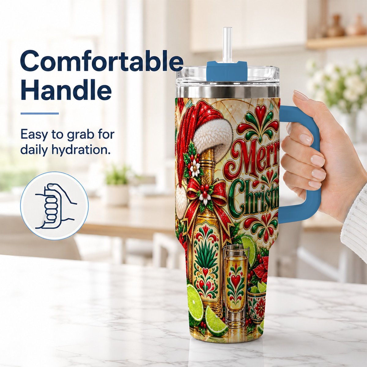 #pl[40oz|Blue] Christmas Fiesta 40oz Tumbler with Handle, Festive Agave Holiday Art