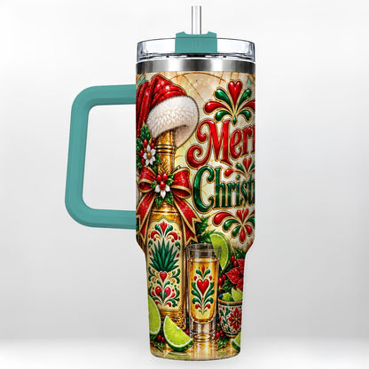 #pl[40oz|Green] Christmas Fiesta 40oz Tumbler with Handle, Festive Agave Holiday Art