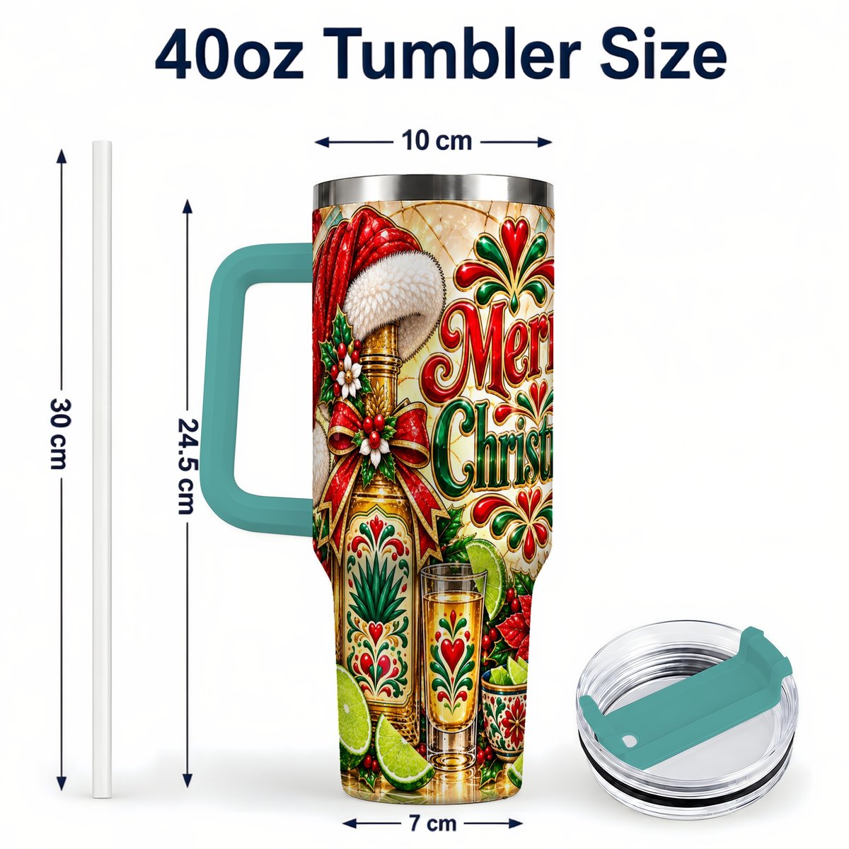 #pl[40oz|Green] Christmas Fiesta 40oz Tumbler with Handle, Festive Agave Holiday Art