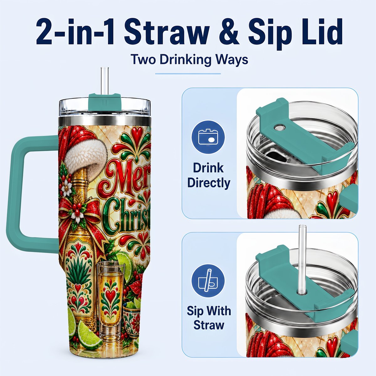 #pl[40oz|Green] Christmas Fiesta 40oz Tumbler with Handle, Festive Agave Holiday Art