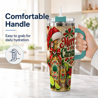 #pl[40oz|Green] Christmas Fiesta 40oz Tumbler with Handle, Festive Agave Holiday Art