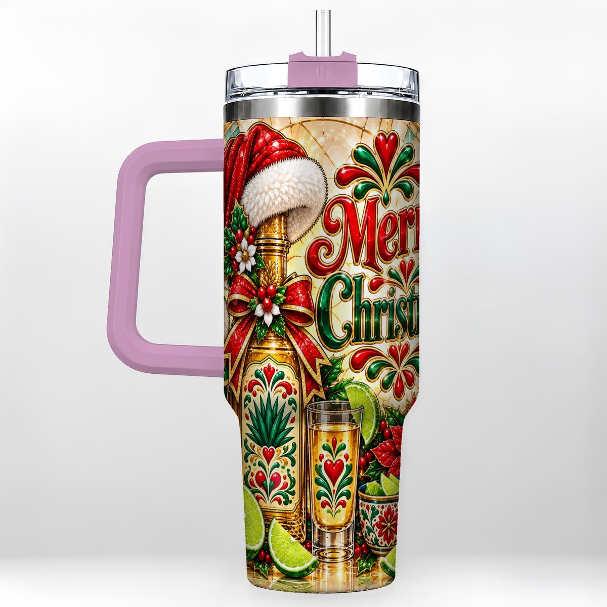#pl[40oz|Pink] Christmas Fiesta 40oz Tumbler with Handle, Festive Agave Holiday Art