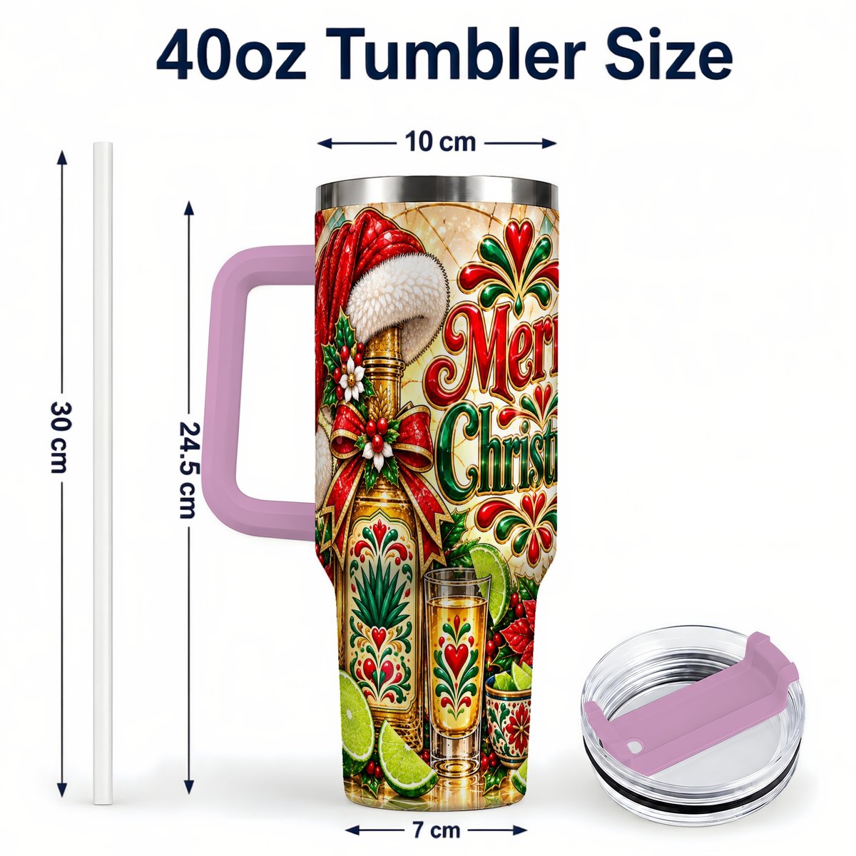 #pl[40oz|Pink] Christmas Fiesta 40oz Tumbler with Handle, Festive Agave Holiday Art