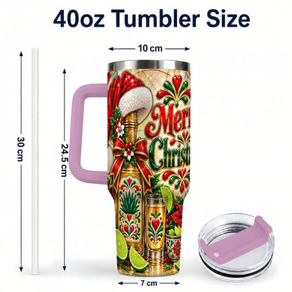 #pl[40oz|Pink] Christmas Fiesta 40oz Tumbler with Handle, Festive Agave Holiday Art