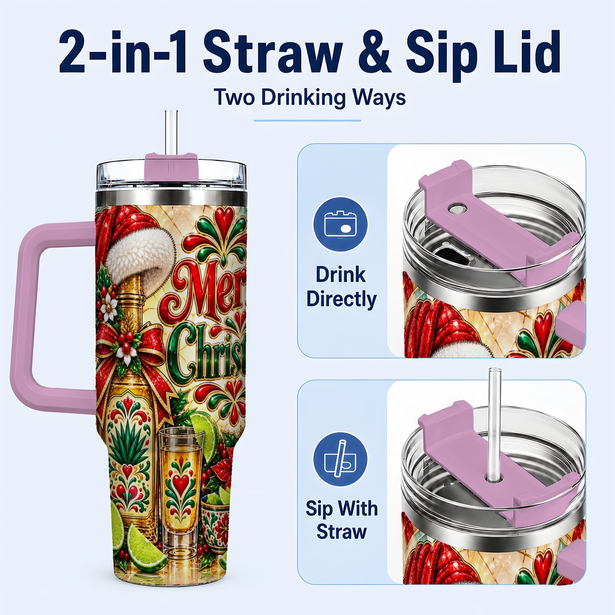 #pl[40oz|Pink] Christmas Fiesta 40oz Tumbler with Handle, Festive Agave Holiday Art