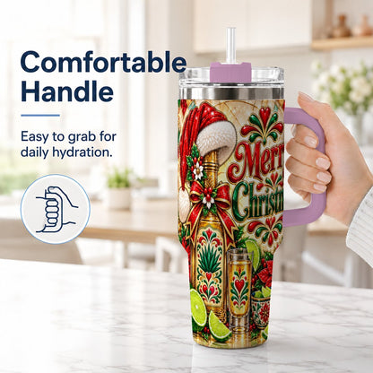#pl[40oz|Pink] Christmas Fiesta 40oz Tumbler with Handle, Festive Agave Holiday Art